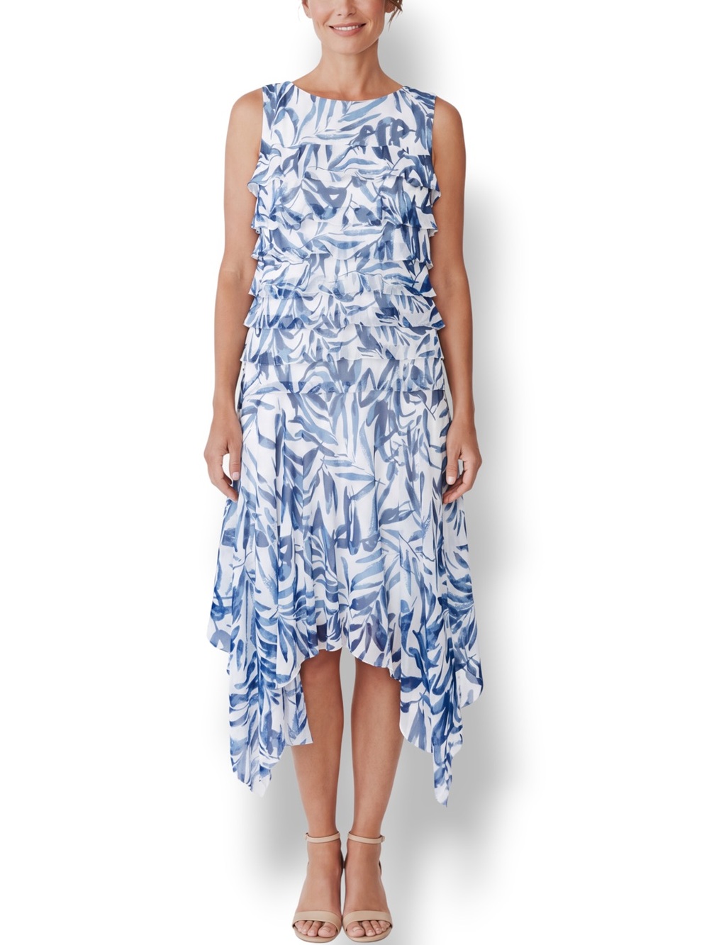 4/$20 ILE New York Blue White Floral Mesh Ruffle Handkerchief Dress Size 14